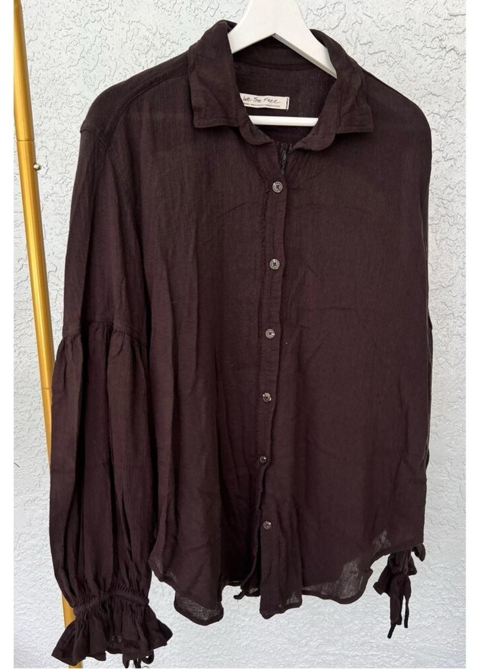 Free People Black Button-Front Peasant Blouse with Tie Cuffs